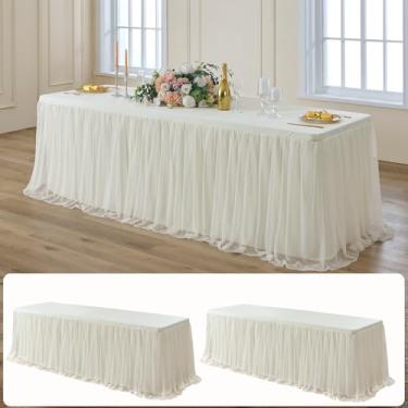 Imagem de leegleri 2 toalhas de mesa de tule marfim de 2,4 m para mesas retangulares, capas de mesa creme 2 em 1 com saia de tule, toalhas de mesa de tule elásticas sem rugas, adequadas para festas de casamento