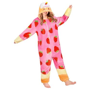 Imagem de OLAOLA Macacões de bolo de aniversário para adultos com capuz de animal com bolsos, roupa de dormir de flanela macia, unissex, pijamas de uma peça para presentes de cosplay