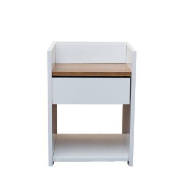 Imagem de Mesa Cabeceira Compacta 32x30x45 Gaveta Nicho Moderna Quarto Branco e Madeirado