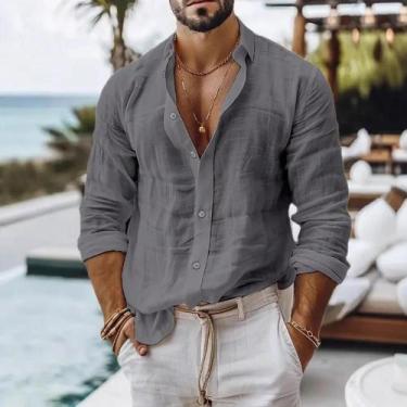 Imagem de Camisa Masculina De Verão Leve E Respirável Em Algodão E Linho, Cor Só