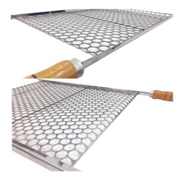 Imagem de Grelha Moeda Inox Para Churrasco 60x72 Cabo Madeira E Ponta - INOX LAU