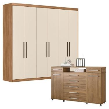 Imagem de Cômoda London 2 Portas 7 Gavetas MDP Amêndola Touch + Guarda Roupa Casal Venice 6 Portas 4 Gavetas MDF Off White