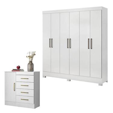 Imagem de Cômoda e Guarda Roupa Casal Montevidéu Prático 10 Portas 7 Gavetas em MDP Branco Estilo...