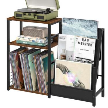 Imagem de Suporte para toca-discos LELELINKY com armazenamento em vinil marrom