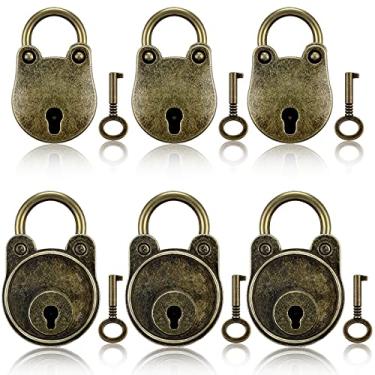 Imagem de 6 peças vintage estilo antigo mini arqueado cadeados bronze metal chave fechadura urso sapo pequenas fechaduras com chaves para tesouro baú caderno caixa de madeira armário mala bagagem