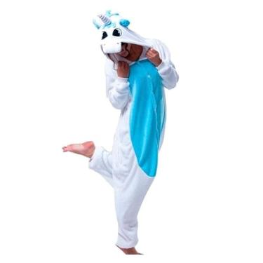 Imagem de Fantasia Macacão de Unicórnio Kigurumi Adulto Branco e Azul Com Gorro M 42-44