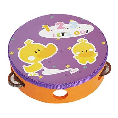 Imagem de SIMBAE Tambourine Brinquedo musical de percussão de tambor de mão de 15 cm com 4 conjuntos de jingles de metal para jogos de festa, 1 unidade/pacote (4 padrões de entrega aleatória)