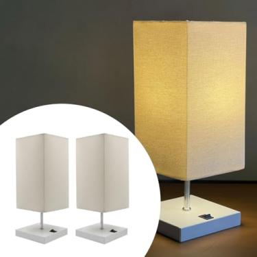 Imagem de Kit 2 Abajur luminária de Mesa Clássico Quadrado Branco de alumínio Com Interruptor Com Cúpula Bege Ref 49 Decoração Casa e Sala, Escritório, Quarto, cama