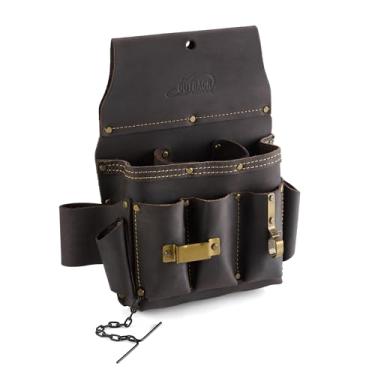 Imagem de OX Bolsa de ferramentas para eletricista de couro de grão superior com costura contrastante, rebites e suporte de fita elétrica | 10 bolsos para eletricista | Passador de cinto de 7,6 cm
