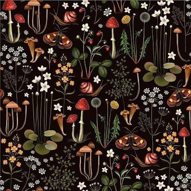 Imagem de COKCOKR Papel de parede Boho preto descascar e colar cogumelo/caracol/borboleta papel de contato floral papel de parede removível vinil decorativo papel de parede autoadesivo para quarto sala de estar armários 45 cm x 599 cm