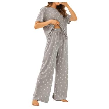 Imagem de RoseSeek Conjunto de pijama feminino, 2 peças, estampa de coração, camisetas de manga curta, camisetas de amarrar na frente, roupa de dormir, Cinza, G