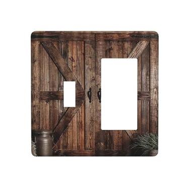 Imagem de Placa de madeira rústica vintage porta de celeiro 2 interruptores de luz de gangue decorativa casa de fazenda garagem portão de madeira combinação interruptor basculante decoração placa de parede placa de interruptor elétrico para banheiro