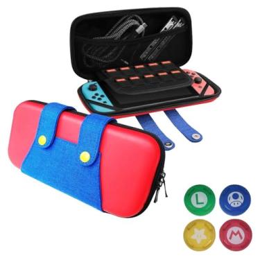 Imagem de Case Compatível com Nintendo Switch Oled, Estojo Bolsa de Mão Estilo Mário Macacão Vermelho + 4 Grips Para Analógicos