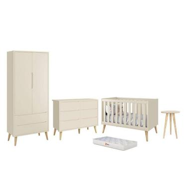 Imagem de Dormitório Infantil Theo 2 Portas, Cômoda 6 Gavetas, Berço, Mesa de Canto com Pés Madeira Natural e Colchão - Reller Móveis