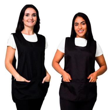 Imagem de Avental Bata Com 2 Bolsos Oxford Liso Preto Frente e Costa - LojaLoja