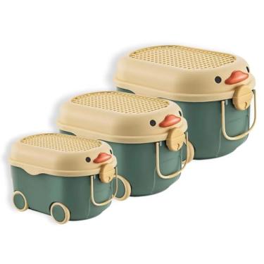 Imagem de Sem Bagunça - Caixa Organizadora Infantil - Cesto Organizador Com Tampa E Rodinha Decorativo para Roupas, Brinquedos e Acessórios. Modelo: Caminhão, Pato, Urso, Porco e Pinguim (Pato G+M+P Verde)