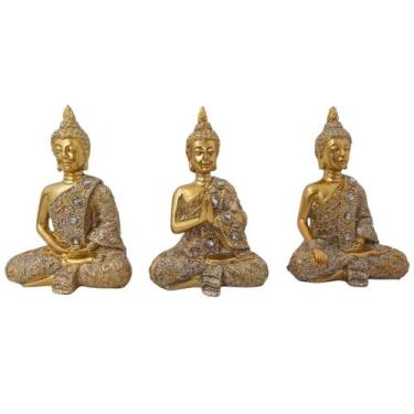 Imagem de Trio de Buda Dourado 12cm - Enfeite Decorativo Resina - Decoração Sala