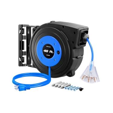Imagem de DEWENWILS Carretel de Cabo para Serviços Pesados, Cabo de Alimentação de Extensão Retrátil de 40 Pés, 12Awg/3C Sjtow, 3 Tomadas Triplas Iluminadas, Disjuntor de 15A, Montado Na Parede/Teto, Rolha Ajus