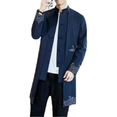 Imagem de Trench coat masculino falso duas peças cardigan quimono casaco masculino longo estilo chinês preto solto vintage algodão linho, azul, m