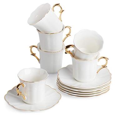Imagem de Brew To A Tea Conjunto de 6 xícaras de café expresso brancas com pires, conjunto de 6 xícaras de café turco de porcelana com design de acabamento dourado e caixa de presente, lavável na lava-louças