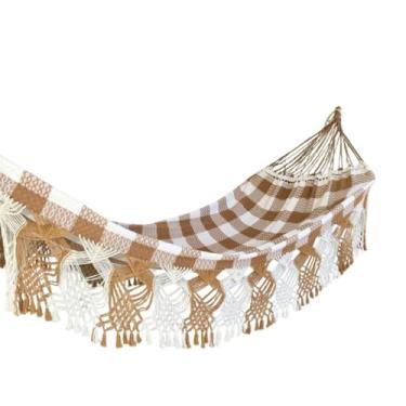 Imagem de Rede Balanço Reforçada até 200kg Casal Luxo Dormir Relaxar na Varanda Parque Jardim Cor Caramelo com Branco Tons Terrosos Tendência Verão 2025