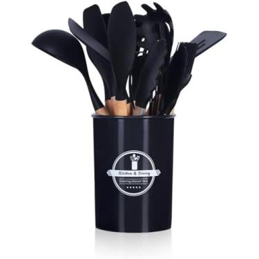 Imagem de Kit 12 Peças Conjunto Utensílios Cozinha, em Silicone Cabo de Madeira Leve Premium Antiaderente Espátula Duráveis Confeitar Organizar Cozinhar Resistentes Altas Temperaturas, (Preto)