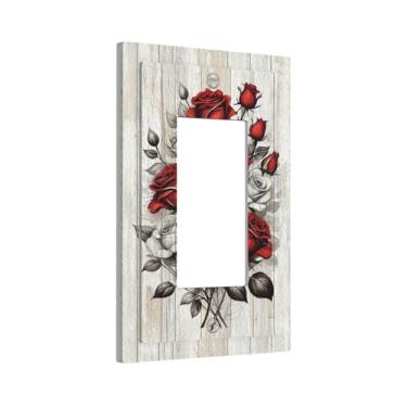 Imagem de Yamxbfa Capas decorativas para tomadas rústicas com floal rosa vermelha vintage prancha de madeira cinza 1 gangue decoração única GFCI dispositivo interruptor de luz placa 1 placa de parede basculante