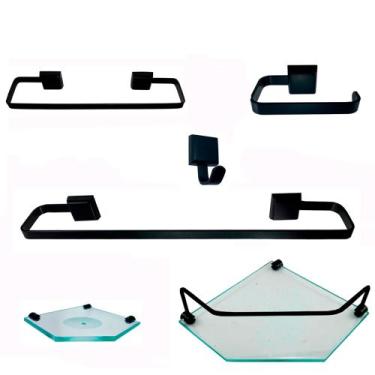 Imagem de Kit Para Banheiro Platinum Luxo Preto Vidro Sextavado Incolor - Direto