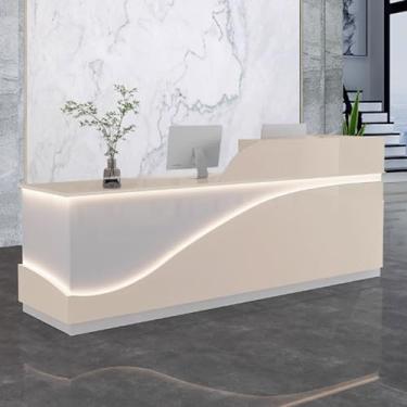 Imagem de Mesa de recepção moderna para escritório, balcão de recepção, recepção de recepção, mesa de balcão de escritório de madeira projetada com tiras de luz para salões de beleza, bege + branco, 140 cm