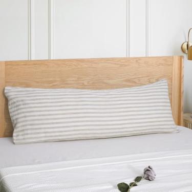 Imagem de S VICTORY SYMBOL Fronha corporal de linho 100% orgânico, capa de travesseiro corporal de linho listrado natural francês, 51 x 137 cm, fronha corporal listrada bege, respirável e absorvente de umidade,