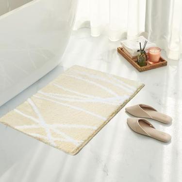 Imagem de Tititex Tapete de banheiro de luxo branco bege bege claro linha curva curva, 40,6 x 61 cm tapetes de banho de microfibra extra macios e absorventes, tapete felpudo antiderrapante de pelúcia, tapetes