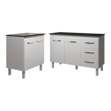 Imagem de Mobília Decor, Balcão Para Cooktop 5 Bocas Fran Branco e Armário Bruna 118 cm Cozinha Gabinete Branco com Tampo Tampão Preto