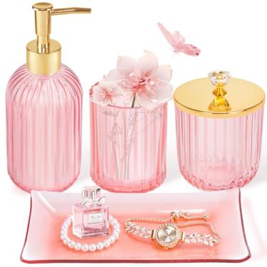 Imagem de Cirhy Conjunto De Acessórios Para Banheiro Rosa, 4 Peças, Vidro Com Dispensador Sabonete, Porta-Escovas Dentes, Suporte Cotonetes E Bandeja Penteadeira, Decoração Rosa Dourado