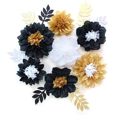 Imagem de Mybbshower Conjunto De 8 Flores Papel Seda Com Folhas Para Cenário Casamento Em Preto, Branco E Dourado, Centro Mesa Chá Panela, Decoração Parede Casa