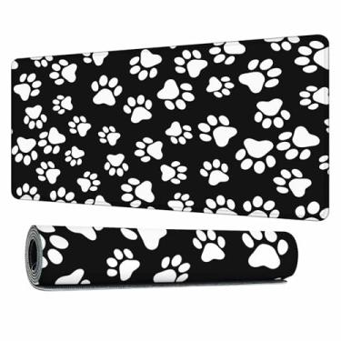 Imagem de Y YIHANGBEST Tapete de rato branco grande para jogos, pata de cão, gato, impressão de pé, preto, longo, tapete de teclado para mesa, escritório, casa 35,4 x 15,17 cm