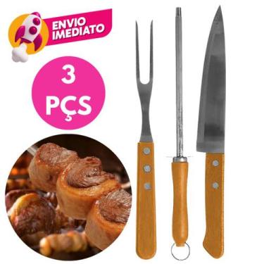 Imagem de Kit Churrasco 3 Pçs: Faca 7" Cabo Madeira Garfo Trinchante E Chaira 7"