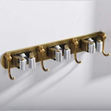 Imagem de Suporte Para Vassoura De Esfregão Organizador De Ferramentas De Parede, Latão Pesado Com 3 Racks 4 Ganchos Para Cozinha Banheiro Armário Garagem Escritório Lavanderia