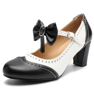 Imagem de LIURUIJIA Sapato social feminino chique com laço Mary Janes, salto grosso, tira no tornozelo, vintage, Oxfords, Preto, 35