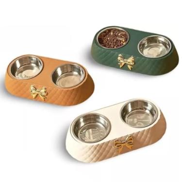 Imagem de Comedouro Bebedouro Duplo Antiderrapante Para Cães Cachorro E Gatos Tigelas Em Inox 300ml Cada Tigela Comedouro Lacinho (Caramelo)