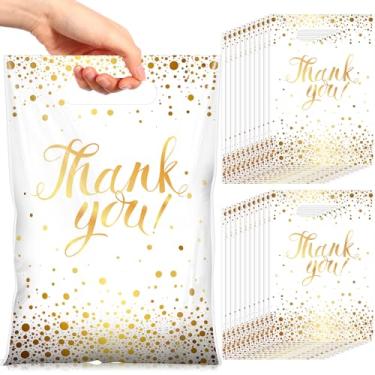 Imagem de Pajean 100 peças de sacos de presente de agradecimento, sacos plásticos de bolinhas douradas com alças pretas para lembrancinhas de festa de aniversário, formatura de mercadorias para pequenas