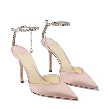 Imagem de LauraVicci Sandálias femininas de salto com corrente de cristal, tiras no tornozelo, strass, fivela, salto alto, stiletto, sapatos de cetim para festa de casamento, Cetim Nude, 6.5