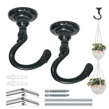 Imagem de Evsteluo Ganchos grandes para teto resistentes com kit completo de ferragens - Ideal para pendurar plantas, instalação de teto e drywall (2 conjuntos preto)