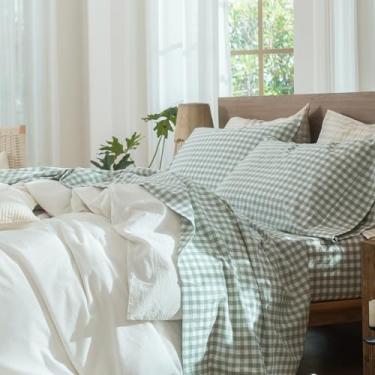 Imagem de MooMee Jogo de lençol Gingham 100% algodão lavado, texturizado, respirável, macio com bolso profundo de 40,6 a 48 cm (verde sálvia, guingão, Queen)
