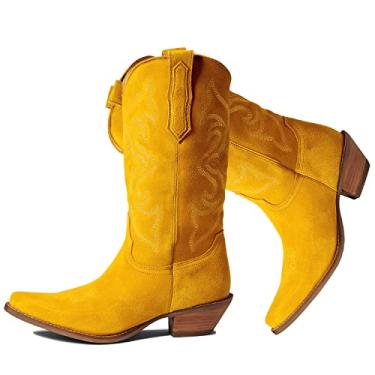 Imagem de LEHOOR Botas de caubói femininas bordadas, cano médio, botas ocidentais, salto baixo, bico fino, sem fecho, bota cowgirl 4-11 M EUA, Camurça dourada, 39