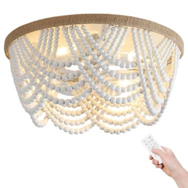 Imagem de Ventilador de teto boêmio com luz e controle remoto, ventilador de teto embutido com contas de madeira de 50 cm com 6 velocidades, ventilador de lustre de gaiola boêmio para berçário, quarto e sala de