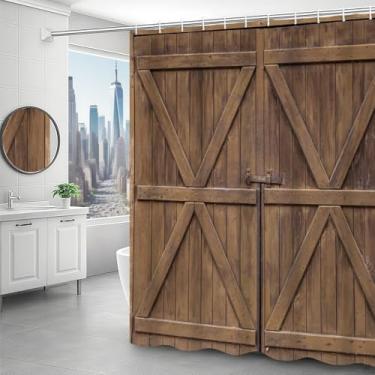 Imagem de dnldliq Cortina de chuveiro de porta de madeira rústica padrão celeiro decoração de banheiro cortina de banheiro vintage campo cortina de chuveiro tecido impermeável com ganchos 152 x 182 cm
