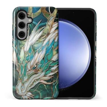 Imagem de CARLOCA Compatível com Samsung Galaxy S24 Plus Capa protetora de corpo inteiro brilhante para meninas meninos à prova de choque moda estética padrão azul-petróleo dragão branco vitral