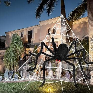 Imagem de 3 peças de teia de aranha Halloween de 500 cm, decorações de Halloween de 76 cm, teia de aranha elástica falsa teia de aranha gigante para decoração de Halloween ao ar livre no quintal jardim fantasias de casa assombrada