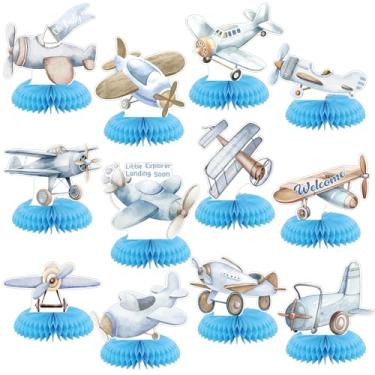 Imagem de 12 peças de decorações de festa de avião para chá de bebê, centro de mesa de favo de mel azul, decoração de mesa de avião pequeno explorador pousando em breve para chá de bebê, lembrancinhas de festa