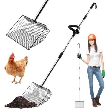 Imagem de Colher de galinheiro de metal para galinheiro para areia com alça ajustável de aço inoxidável de 55 a 170 cm, colher de areia de galinhas para limpeza de resíduos de animais de estimação
